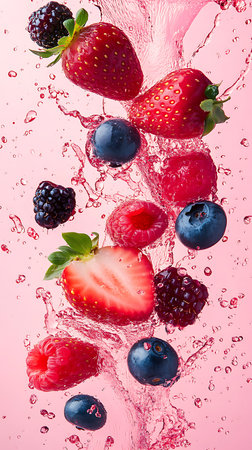 Berry assortment splash against pink backdrop. A mix of strawberries, raspberries, blueberries, and blackberries floating, surrounded by water droplets.の素材