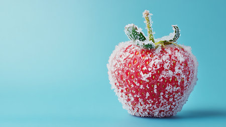 Close up shot of a fresh, red strawberry coated in ice crystals with green leaves against a light blue background emphasizing its frozen texture.の素材