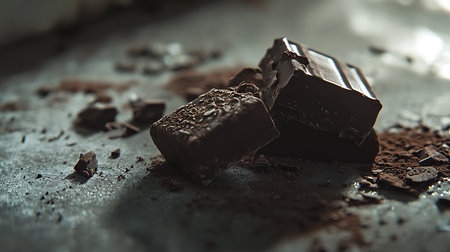 Close up shot features stacked, and scattered chunks of dark chocolate with crumbly chocolate pieces on a gray surface. Focus on dark chocolate.の素材