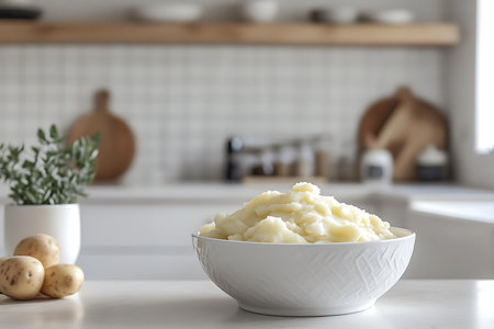 Creamy mashed potatoes in a white bowl, placed on a counter with raw potatoes and a plant with a blurred background of a clean, modern kitchen.の素材