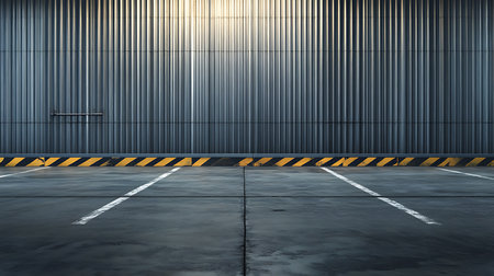Features corrugated metal facade, barrier painted yellow and black stripes with parking lines on dark concrete asphalt floor of a large industrial warehouse.の素材