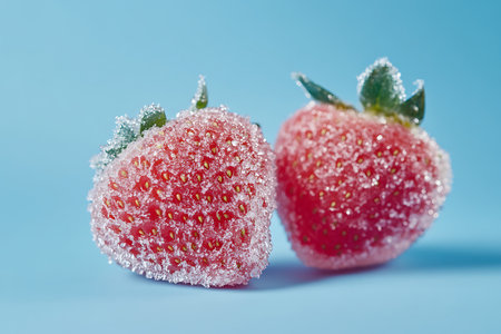 Macro shot presents two fresh red strawberries, covered by glistening icing, placed on a clean light blue background. Shows freshness and sweetness.の素材