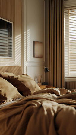 Close-up of a cozy bedroom interior featuring beige linen pillows and a duvet, with sunlight streaming through window blinds and textured curtains.の素材