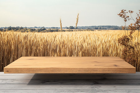 Features a wooden shelf over a wheat field, creating a rustic, farm-fresh food display mockup with a backdrop of white plank flooring.の素材