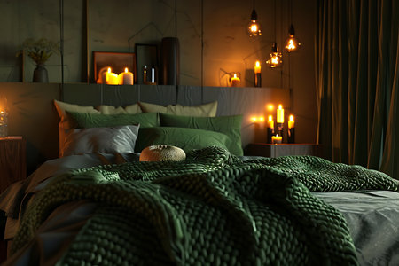 Moody bedroom scene featuring lit candles and pendant lights, creating ambiance with a bed adorned with olive green bedding.の素材