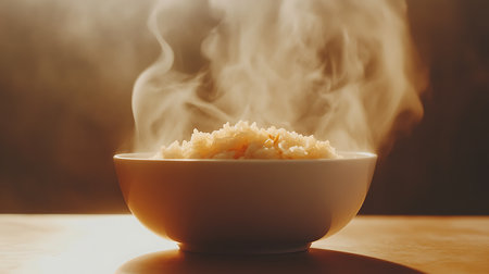 Close-up of a full white bowl, piled high with steaming cooked rice. Warm, inviting food, simple elegance, culinary appeal, and natural presentation.の素材