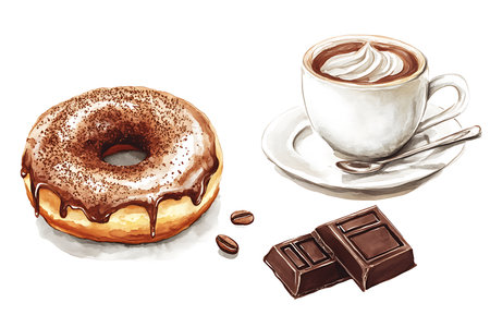 Watercolor drawing features donut, coffee cup with cream, chocolate, and coffee beans, creating a visually appealing and delicious arrangement.の素材