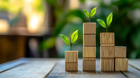 Three stacked wooden cubes supporting small plants with green leaves stand on a wooden surface against a soft, blurred green and yellow bokeh background.の素材