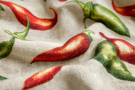 Close-up showcases a woven textile patterned with red and green chili peppers. The fabric's texture adds depth to the bright design element.の素材