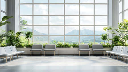 Contemporary waiting area with rows of white chairs facing a large window. Features green plants and a scenic landscape view, set in modern architecture.の素材