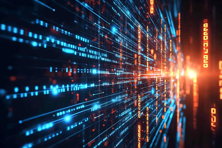 Digital technology streams with orange numbers and light trails on a dark backdrop. Modern background for artificial intelligence and machine learning concepts.の素材