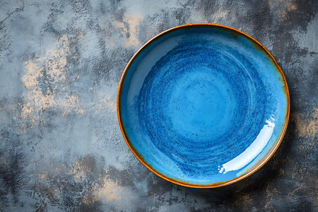 Overhead shot displays a blue ceramic plate on a textured gray painted surface with mottled patterns, highlighting a rustic aesthetic.の素材
