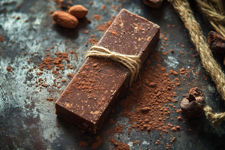 Close-up showcases a chocolate bar tied with twine, surrounded by cacao powder and nuts, set against a worn, rustic backdrop, enhancing its artisanal appeal.の素材