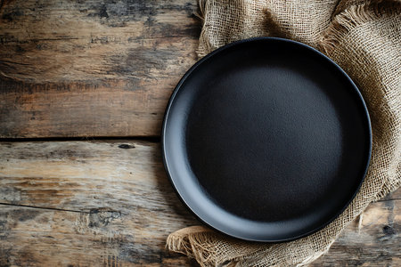 Overhead shot displays a black plate, burlap cloth, and rough wooden table, ideal for culinary, restaurant, or vintage-themed design.の素材