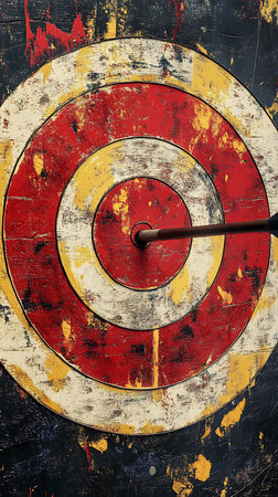 A close-up depicts an arrow stuck in the bullseye of a weathered target, showcasing vibrant red, yellow, and white concentric rings, and aged textures.の素材
