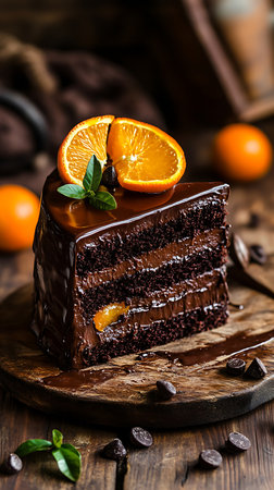 Close-up shot of a slice of multilayered chocolate cake with glossy icing, topped with fresh orange segments, resting on a rustic wood surface.の素材