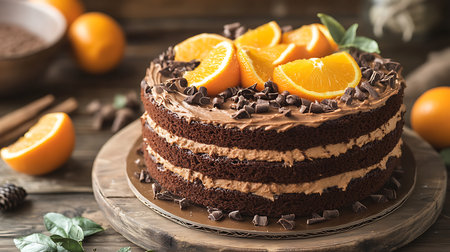 An eye-level shot displays a chocolate layer cake adorned with orange slices and chocolate shavings, placed on a rustic wooden surface, creating a sweet treat.の素材