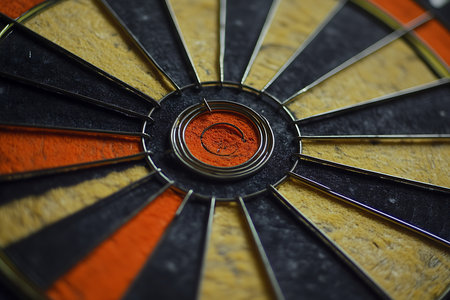 Detailed view of a dartboard featuring segments in black, gold, and orange, separated by metal wire, with a distinct bullseye in the center.の素材