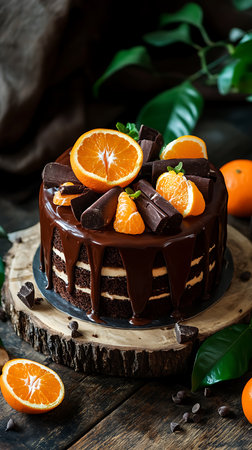 Close-up of chocolate cake decorated with chocolate pieces and orange slices. The dessert is served on a wooden board with more oranges.の素材