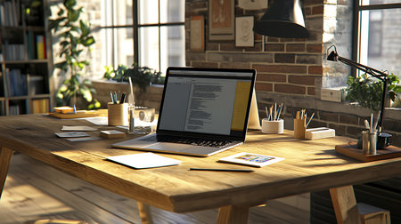 Warm workspace showcases a laptop on a wooden desk, complemented by stationery, photos, and natural light from a nearby window in cozy office.の素材