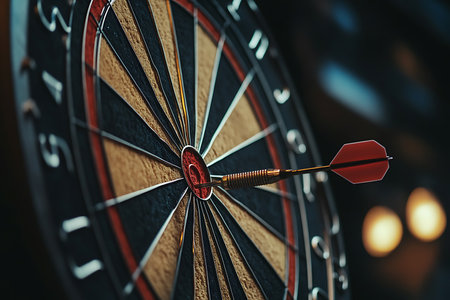 Close up shot of a dart in the bulls eye of a dartboard. Dart has a red flight with a gold barrel. Dartboard with red and black segments.の素材