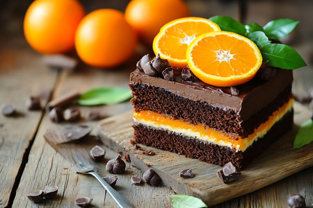 Close-up shot showcasing a chocolate layer cake with orange slices and chocolate pieces on top, sitting on a rustic wooden surface, creating a tempting treat.の素材