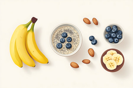 Aerial shot displays bowls filled with blueberries, cereal with blueberries, sliced bananas, bananas, and almonds against a white backdrop.の素材