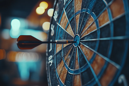 Close-up captures a dart precisely piercing the center bullseye, striking into a round game target adorned with orange and blue hues, set against a soft bokeh backdrop.の素材