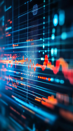 Captivating display showing complex financial market data visualization with dynamic red line charts and a precise, overlaid grid.の素材