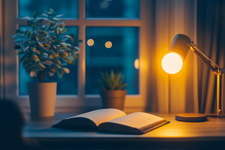 An open book sits illuminated under a warm desk lamp with potted plants on wooden table against a window during the night, creating a cozy interior scene.の素材