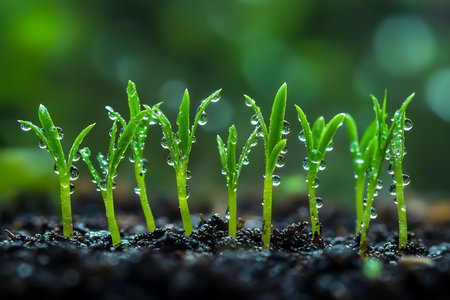 Macro shot features several young seedlings with green leaves covered in water droplets, emerging from dark, rich soil with a soft, blurred green backdrop.の素材