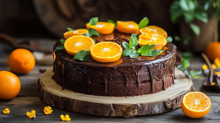 Rich, moist chocolate cake with a glossy chocolate ganache, decorated with vibrant orange slices and fresh green leaves on rustic wood for a natural gourmet feel.の素材