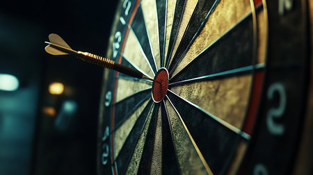 Close-up of a dartboard with a dart precisely hitting the center, showcasing precision and focus. The image symbolizes target achievement and strategy.の素材
