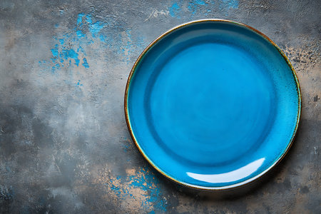 Captures a cyan blue plate against a blue and gray textured surface, showcasing artistic detailing and modern design for culinary presentation.の素材