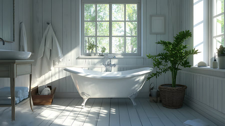 Clean bathroom with white clawfoot bathtub, view of nature through window, potted plants, with light wooden walls, providing a fresh and relaxing ambiance.の素材