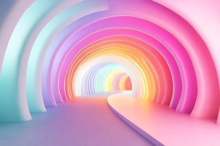 An infinite archway corridor with pastel hues creates a vibrant 3D space. Captivating visual effect featuring spectrum and depth.の素材