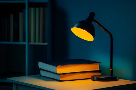 Composition features books stack, black study lamp casting warm glow, wooden desk, and bookshelf against a dark, serene turquoise background.の素材