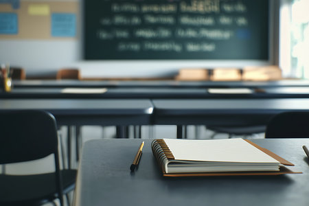 Features notebook and pen on a desk in the foreground and blurred rows of desks in a classroom setting against blackboard with written text.の素材