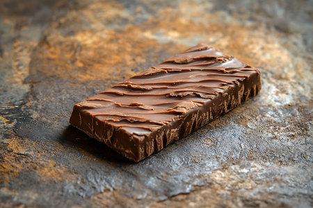 Close-up depicts a single, rectangular dark milk chocolate bar with textured surface details, set against a darkly textured background.の素材