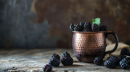 Close-up displays copper mug overflowing with blackberries, garnished with mint, on a weathered wooden background, creating a rustic ambiance.の素材
