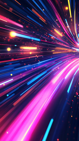 Abstract background features perspective view of glowing pink, blue, and orange light trails converging toward a vanishing point with soft, blurred focus.の素材