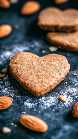 Top-down view featuring heart-shaped cookies with almonds and sugar. Ideal for themes involving snacks, treats, holidays, and culinary arts.の素材