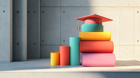 Features vibrant graduation cap atop stacked books and cylinders against textured concrete backdrop. Study, success, and modern education concept.の素材