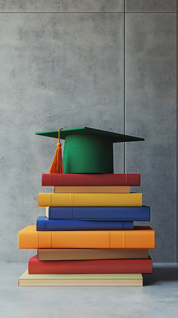 View of a green academic mortarboard with an orange tassel atop a stack of books against a modern grey stone wall. Education, knowledge and academia concept.の素材
