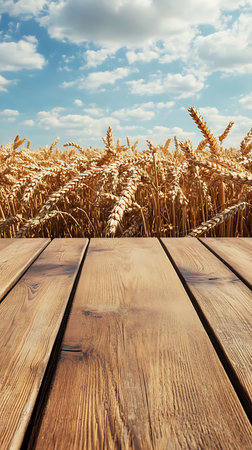 Perspective shot featuring a wheat field with ripe, golden wheat stalks under a cloudy blue sky. A wooden plank table is set in the foreground.の素材
