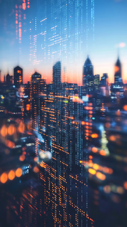 Image features cityscape overlaid with binary code against a blue and orange sky, creating futuristic abstract, perfect for technology visuals.の素材