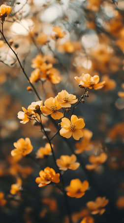 Soft focus image showcasing vivid yellow Kerria Japonica flowers on delicate branches, creating a dreamlike spring scene with a blurred background.の素材