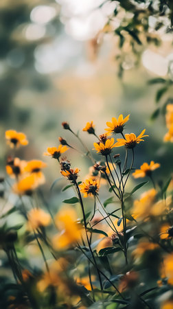 Close-up of vibrant yellow flowers with dark centers. A honeybee pollinates one of the wildflowers in a field with a bokeh background.の素材