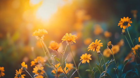 Captivating image featuring Rudbeckia hirta flowers bathed in warm sunlight, showcasing a lush meadow landscape with serene floral beauty in vibrant colors.の素材