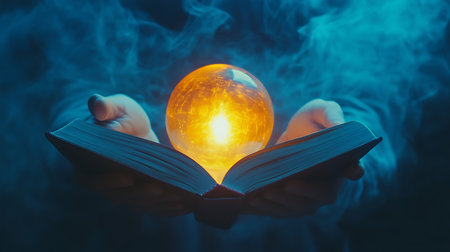 Close up of human hands holding an open book with a bright golden glowing orb coming out, set against a dreamy blue smoke background.の素材
